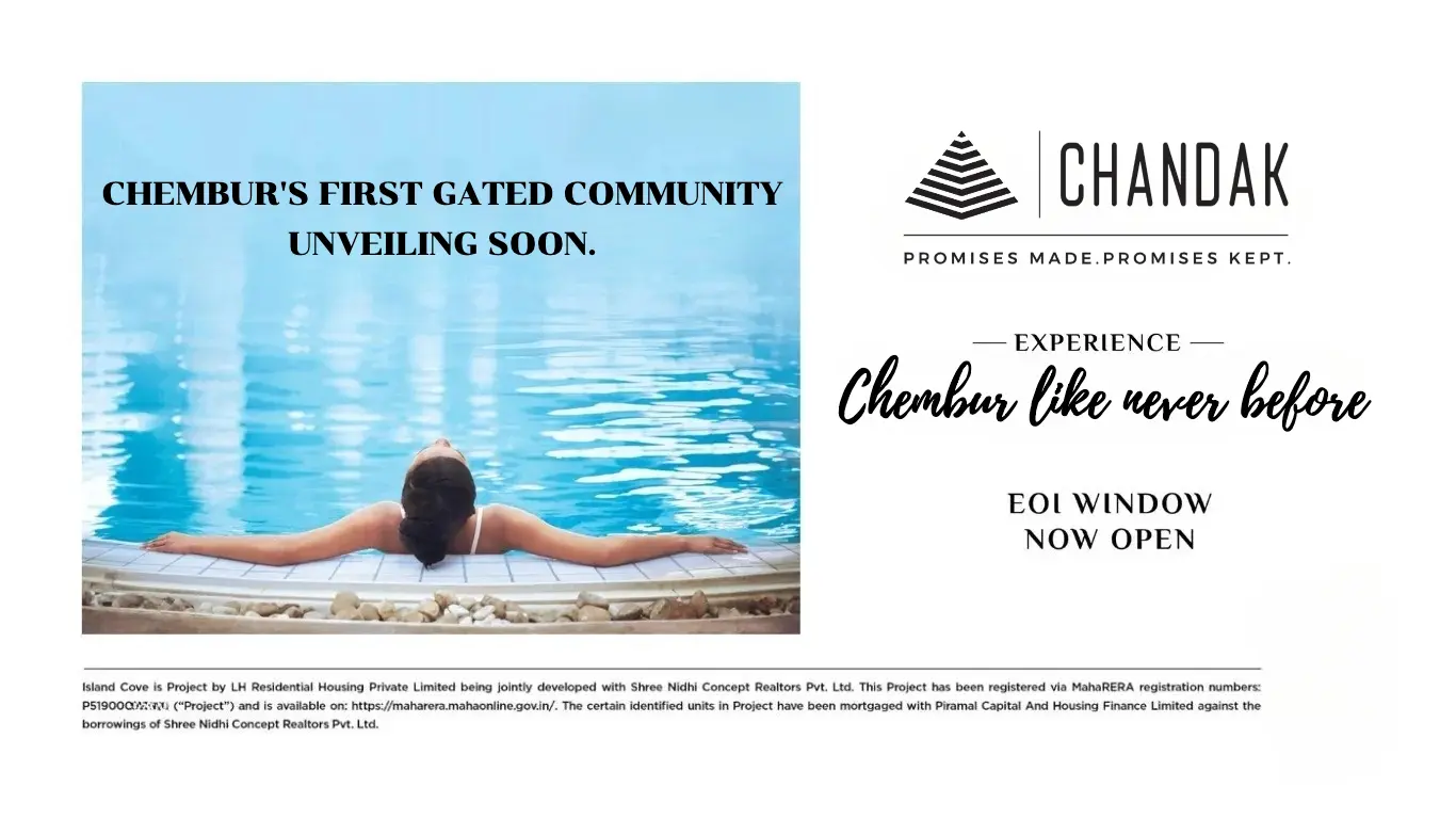 Promotional banner for L&T Realty's Mahim project, highlighting the luxurious lifestyle of Mahim like never before, with a visual of a person enjoying the serene pool at L&T Island Cove.