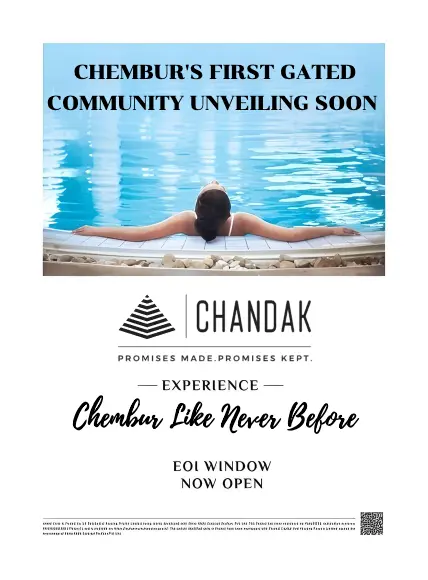 Promotional banner for chandakhighscapecity-chembur project, highlighting the luxurious lifestyle of chembur like never before, with a visual of a person enjoying the serene pool at chandakhighscapecity-chembur.